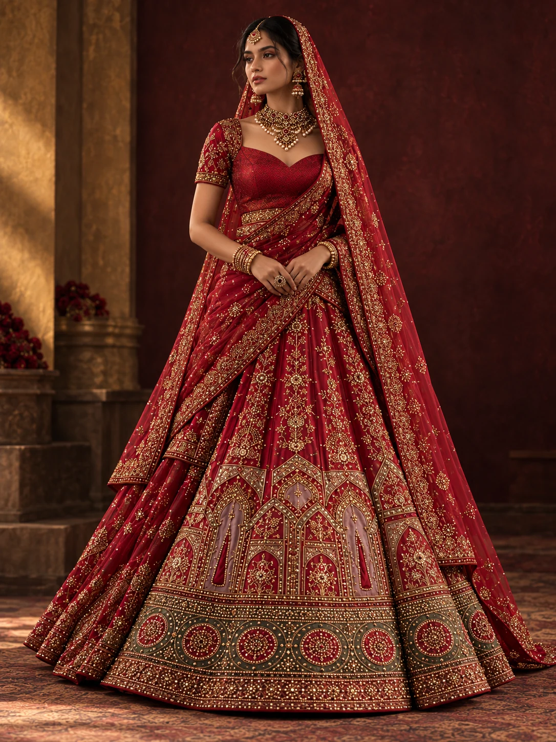 Crimson lehenga with gold embroidery, photographed in a softly lit studio