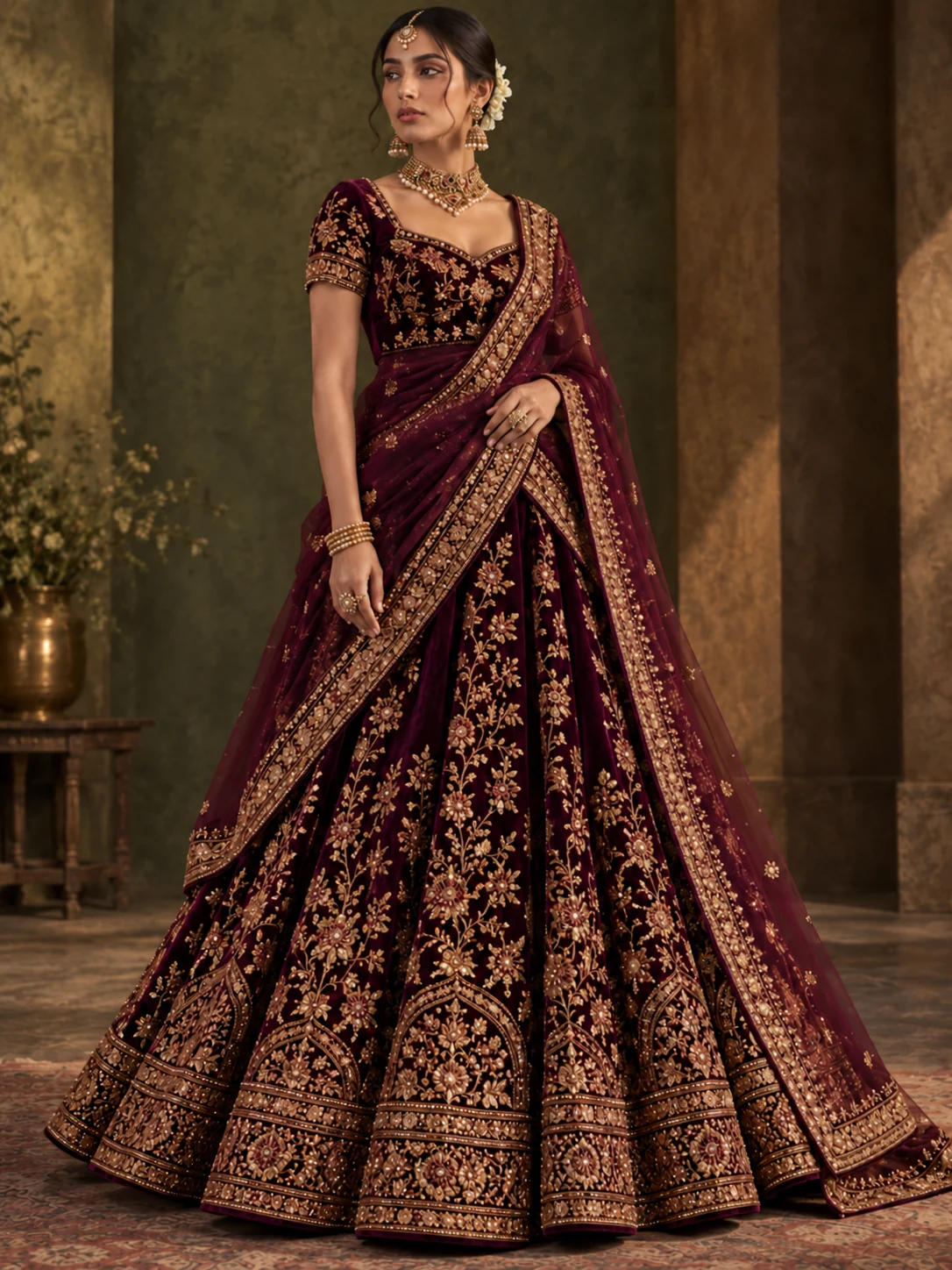 Adult model in a deep aubergine plum lehenga with antique gold embroidery and fully covered waist in a studio portrait