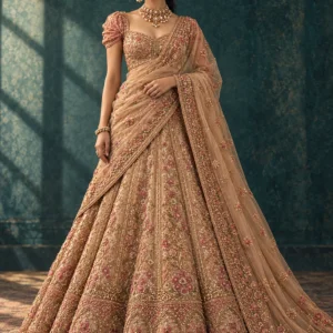 Full-length studio portrait of a champagne gold lehenga with muted rose embroidery and softly draped dupatta