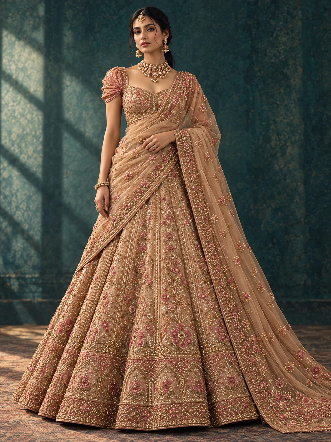 Full-length studio portrait of a champagne gold lehenga with muted rose embroidery and softly draped dupatta