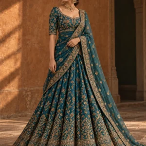 Full-length realistic studio portrait of a peacock teal lehenga with antique gold detailing and a matching drape
