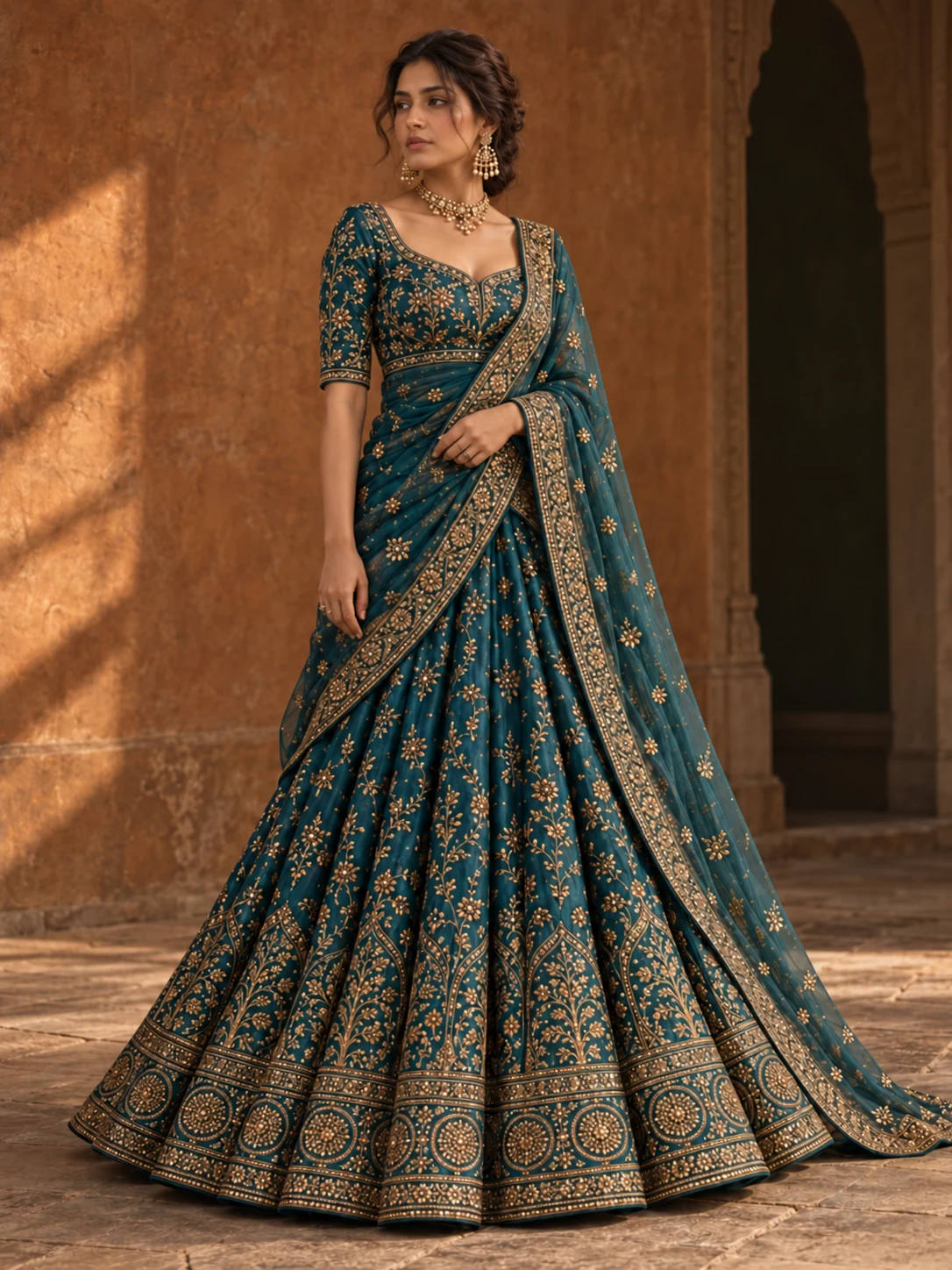 Full-length realistic studio portrait of a peacock teal lehenga with antique gold detailing and a matching drape