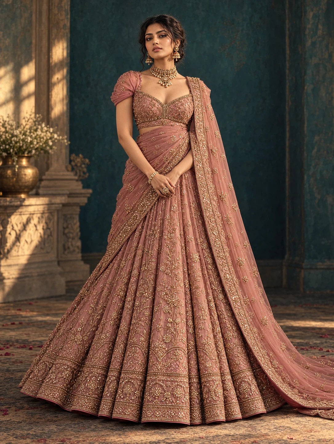 Full-length studio portrait of a dusty rose lehenga with gold embroidery and a separately draped dupatta, against a deep teal background