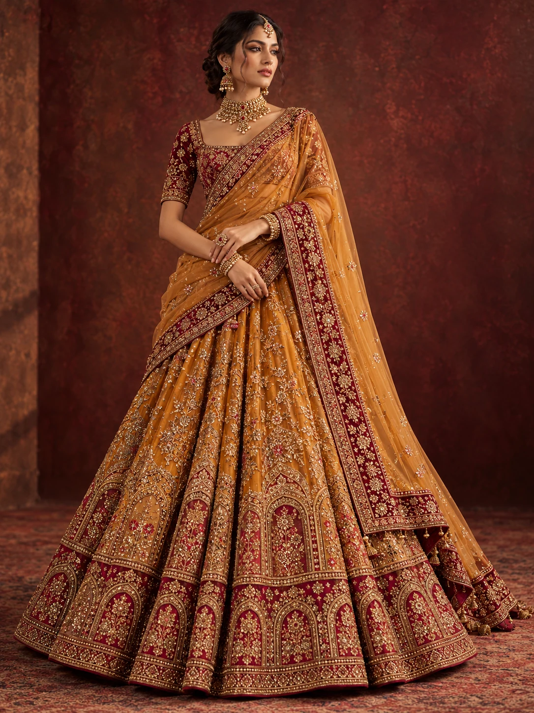 Saffron amber lehenga with burgundy borders and gold embroidery, photographed full length in a professional studio